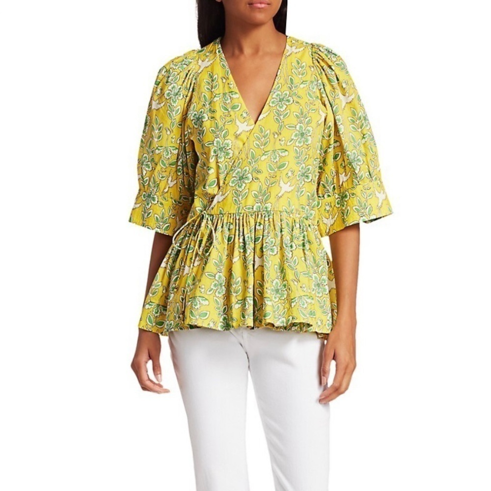 Rhode Ava Floral V Neck Short Sleeve Wrap Top Yellow Cotton Printed Casual